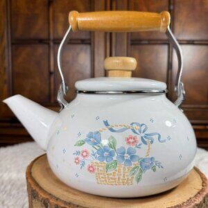 Vintage Lincoware Country Cornflower Metal and Wood Teapot
